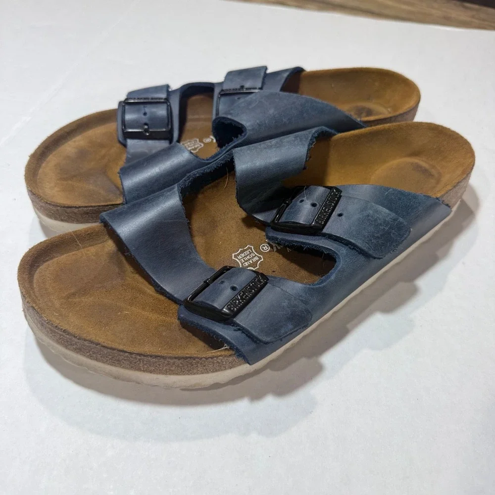 Birkenstock for J.Crew Arizona Navy Blue Leather Sandals Mens 11 White Sole